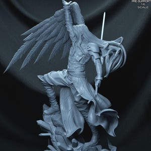 May include: A detailed gray figurine of a character with large feathered wings, long flowing hair, and a sword. The figure is posed dynamically, as if in action, and is mounted on a rocky base. The text "PRE-SUPPORTED 1:6 SCALE" is visible.