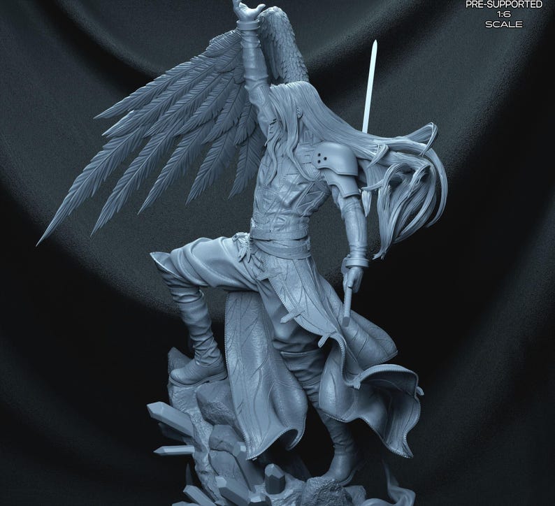 May include: A detailed gray figurine of a character with large feathered wings, long flowing hair, and a sword. The figure is posed dynamically, as if in action, and is mounted on a rocky base. The text "PRE-SUPPORTED 1:6 SCALE" is visible.