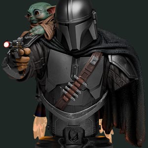 May include: A detailed bust of the Mandalorian from the Star Wars series, in dark gray armor and helmet, holding a blaster. Grogu, also known as Baby Yoda, sits on his shoulder. The bust has a black cape and a brown belt with ammunition.