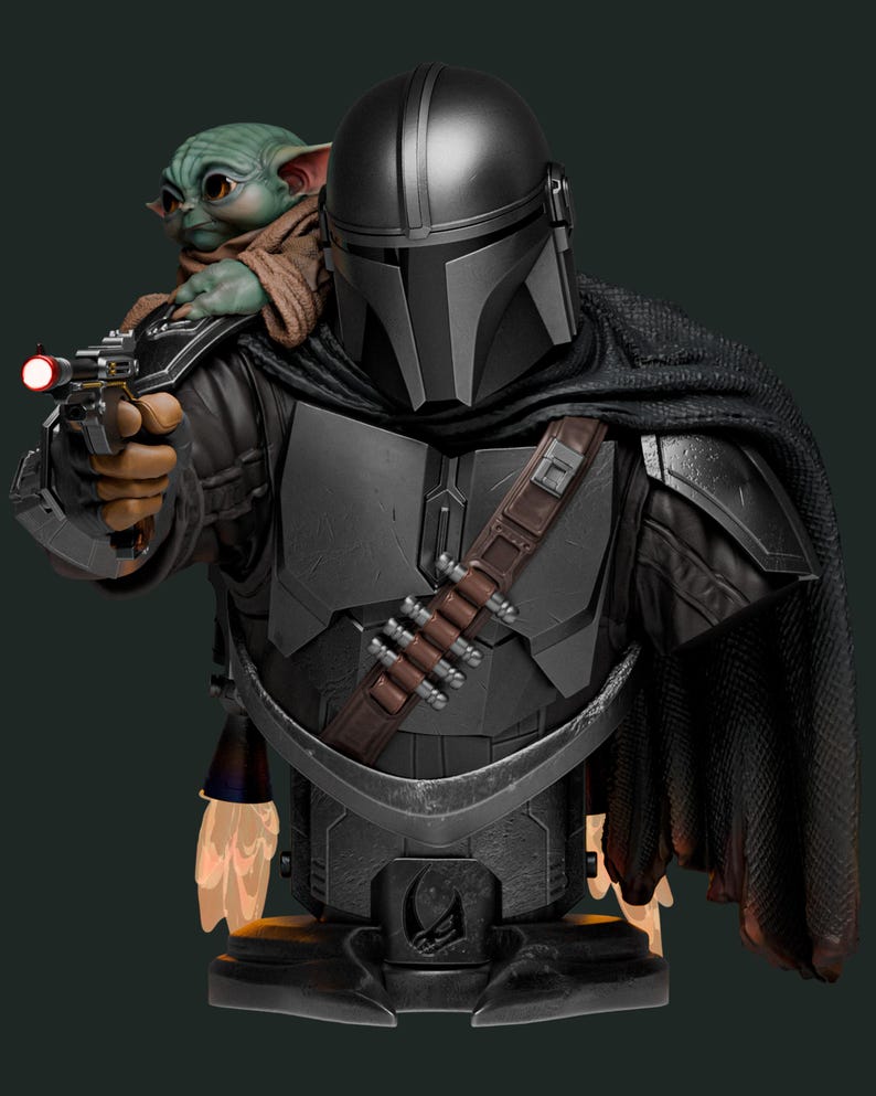 May include: A detailed bust of the Mandalorian from the Star Wars series, in dark gray armor and helmet, holding a blaster. Grogu, also known as Baby Yoda, sits on his shoulder. The bust has a black cape and a brown belt with ammunition.