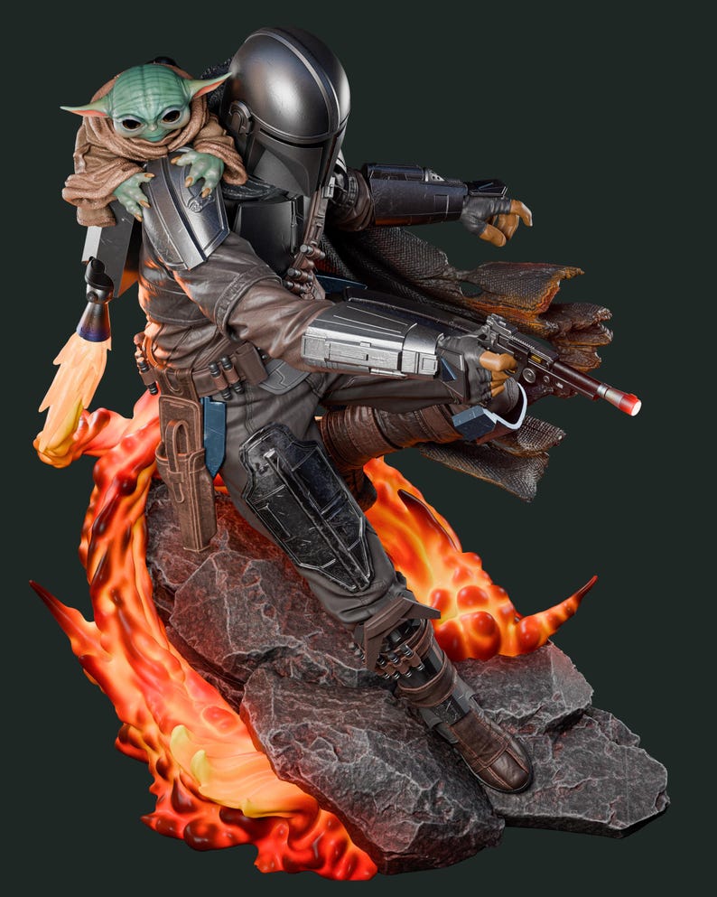 May include: A detailed statue of The Mandalorian, clad in dark armor, holding a blaster, with Grogu perched on his shoulder. The figure is set against a backdrop of fiery orange and red flames and rocky terrain, creating a dynamic action pose.
