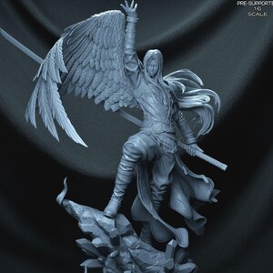 May include: A detailed, gray figurine of a warrior with large feathered wings, holding two swords. The figure is posed on a rocky base, with one arm raised. The text "PRE-SUPPORTED 1:6 SCALE" is visible.