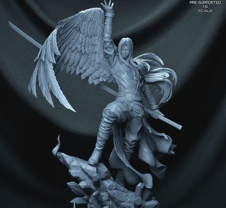 May include: A detailed, gray figurine of a warrior with large feathered wings, holding two swords. The figure is posed on a rocky base, with one arm raised. The text "PRE-SUPPORTED 1:6 SCALE" is visible.