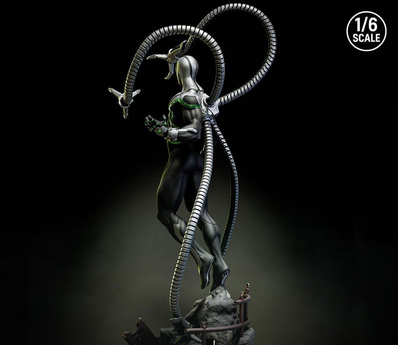 May include: A 1/6 scale statue of a character in a black and silver suit with four mechanical arms. The figure is posed mid-air, with the arms extending upwards. The statue has green accents and is set against a dark background.
