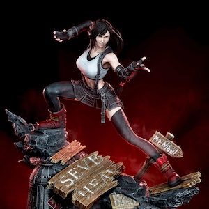 May include: A detailed figurine of a female character in a dynamic pose, wearing a white tank top, black shorts, and red boots. The figure stands on a rocky base with wooden signs that read "SEVEN HEAT" and "Mr. Nibel".