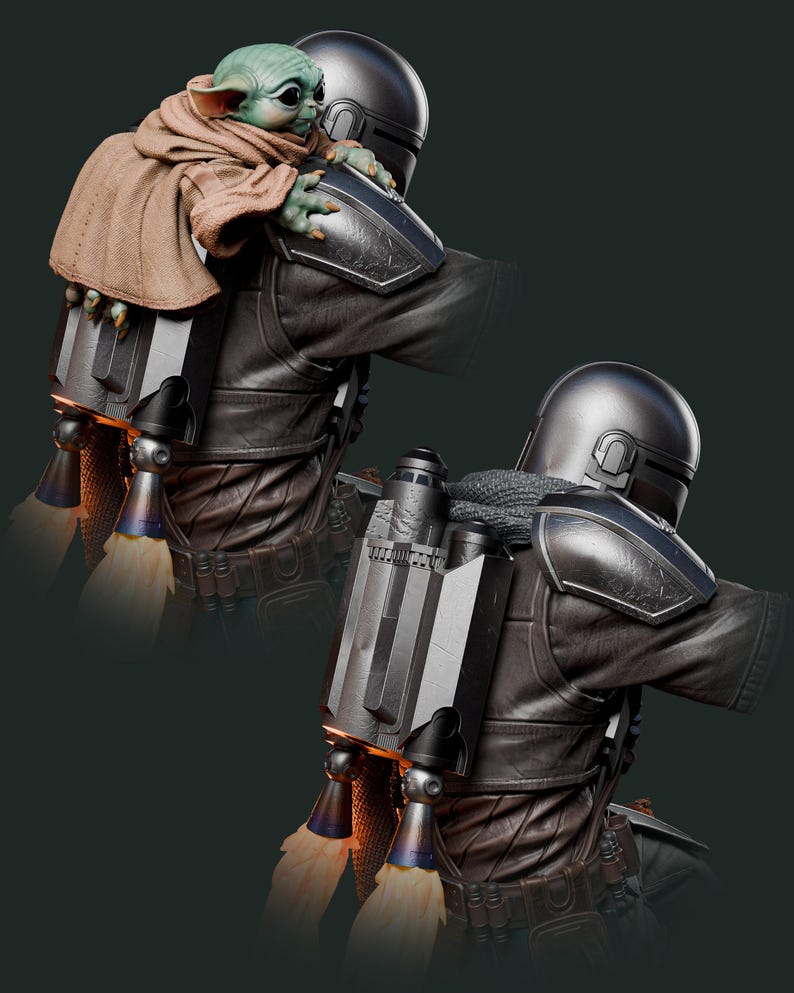 May include: A detailed figurine of The Mandalorian with Grogu. The Mandalorian is wearing a dark gray helmet and armor, with a jetpack on his back. Grogu, wrapped in a brown cloak, is perched on his shoulder. The image has a dark green background.