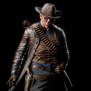May include: A detailed figure of a cowboy with a weathered face, wearing a brown hat, leather coat, and a bandolier of bullets. The figure has a holster with a gun and is set against a black background.