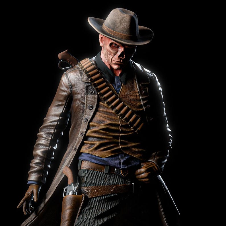 May include: A detailed figure of a cowboy with a weathered face, wearing a brown hat, leather coat, and a bandolier of bullets. The figure has a holster with a gun and is set against a black background.