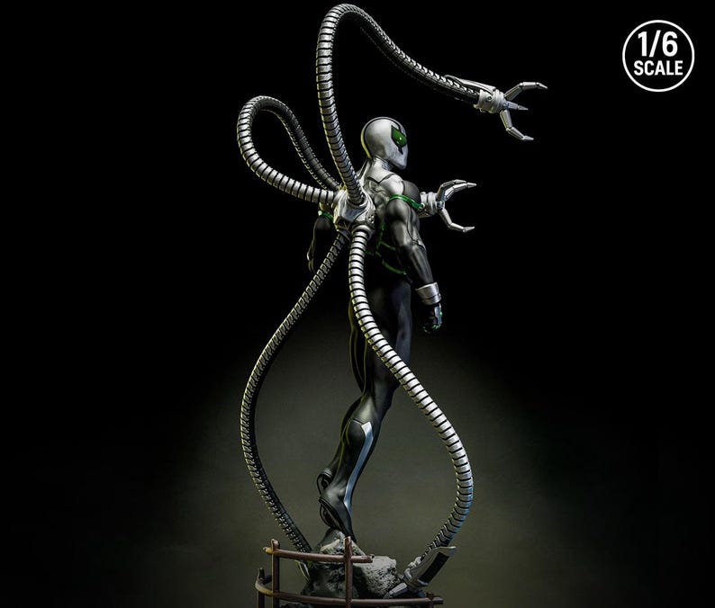 May include: A 1/6 scale statue of a character in a black and silver suit with four metallic tentacles extending from the back. The figure has a silver helmet and green accents. The statue is posed on a small, detailed base.