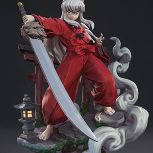 May include: A detailed anime-style figurine of a character with long white hair and dog ears, wearing a red kimono-style outfit. The character holds a large silver sword with a fur-textured hilt, standing on a base featuring a torii gate and lantern.