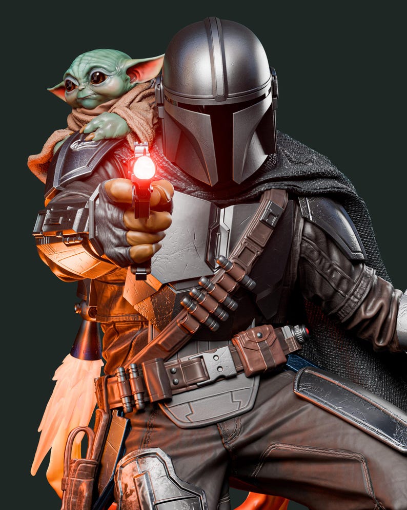 May include: A detailed figurine of The Mandalorian holding a blaster with a red light, with Grogu, also known as Baby Yoda, in his arms. The Mandalorian wears a silver helmet and armor, with a brown belt and pants. Grogu is wrapped in a brown cloth.