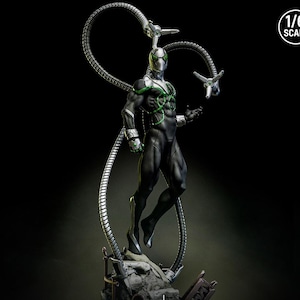May include: A 1/6 scale statue of a superhero in a black and silver suit with green accents. The figure has four mechanical arms extending from its back. The statue is posed mid-air against a dark background.