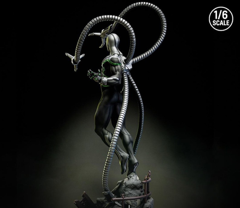 May include: A detailed 1/6 scale action figure of a character in a black and silver suit with four mechanical arms. The figure has green accents and is posed against a dark background. The figure is standing on a rocky base.