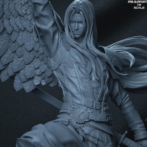 May include: A detailed, monochromatic figurine of a long-haired character with a large feathered wing. The figure is clad in intricately designed armor and holds a sword. The image includes the text "PRE-SUPPORTED 1:6 SCALE".