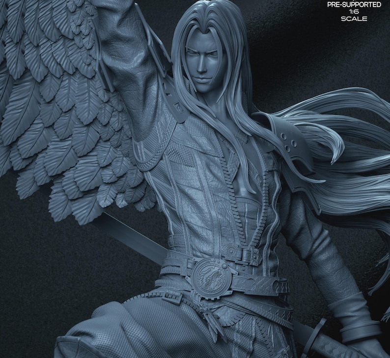 May include: A detailed, monochromatic figurine of a long-haired character with a large feathered wing. The figure is clad in intricately designed armor and holds a sword. The image includes the text "PRE-SUPPORTED 1:6 SCALE".