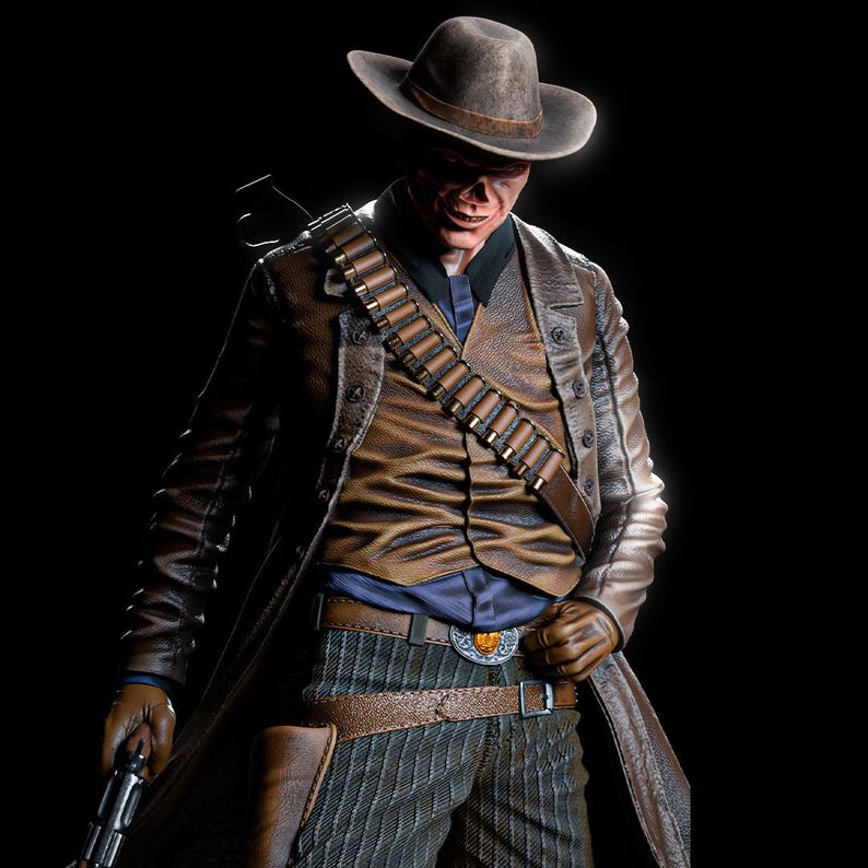 May include: A figure of a cowboy with a brown hat, coat, and vest, holding a gun. The figure has a bullet belt across the chest and a belt with a decorative buckle. The background is black.