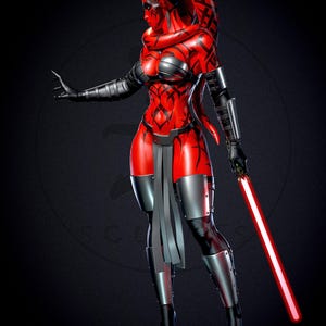 May include: A red and black figure with a lightsaber. The figure has a red head with black markings, a black and silver outfit, and a red lightsaber. The figure is standing on a platform with a dark background.