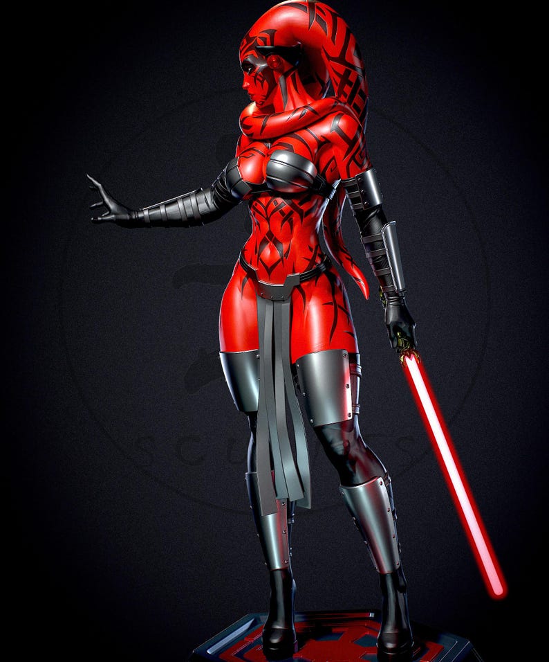 May include: A red and black figure with a lightsaber. The figure has a red head with black markings, a black and silver outfit, and a red lightsaber. The figure is standing on a platform with a dark background.
