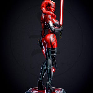 May include: A red and black figure of a female character holding a red lightsaber. The figure is on a black base and wears black boots and a black and red outfit. The character has red skin and black markings.