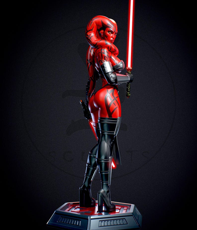 May include: A red and black figure of a female character holding a red lightsaber. The figure is on a black base and wears black boots and a black and red outfit. The character has red skin and black markings.