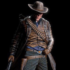 May include: A figure of a cowboy with a brown hat, coat, and vest, holding a gun. The figure has a bullet belt across the chest and a belt with a decorative buckle. The background is black.