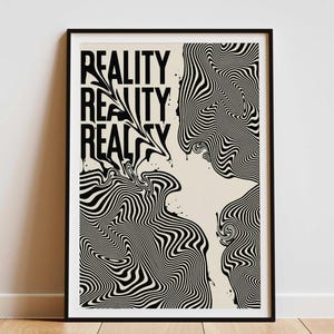 Plakat „Zniekształcenie rzeczywistości”, psychodeliczna sztuka iluzji optycznej, wydruk typograficzny w stylu psychodelicznym, nowoczesna grafika kwasowa, surrealistyczna czarno-kremowa sztuka ścienna