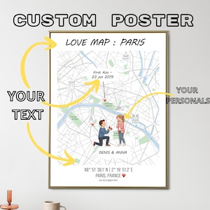 May include: Custom poster with a gold frame featuring a map of Paris. The map includes illustrations of landmarks and a couple, with text reading "LOVE MAP: PARIS." Text includes "First Kiss - 23 jun 2019" and coordinates.