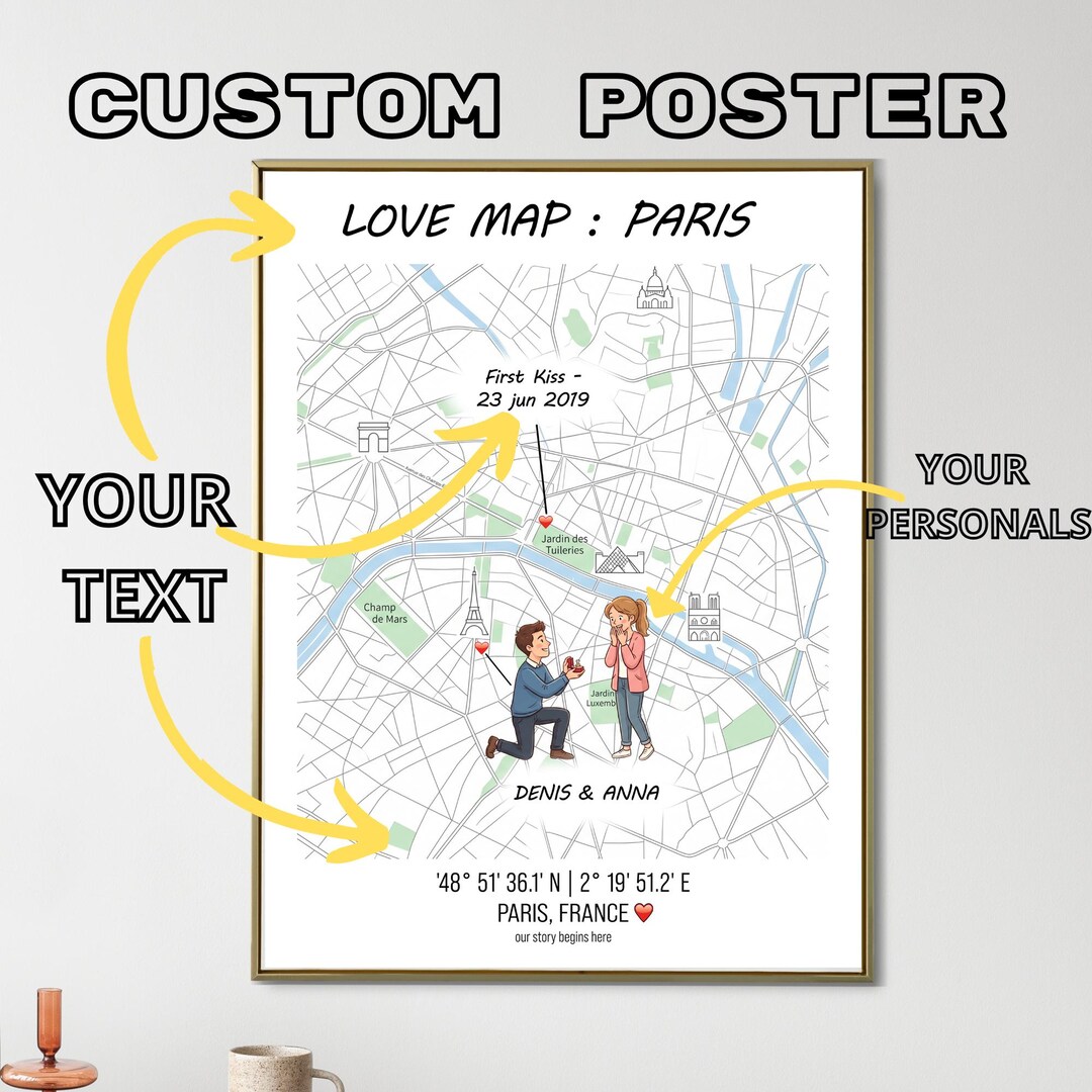 Digital Custom Love Map Print, Printable Personalized Engagement Gift ...