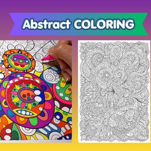 May include: A vibrant abstract coloring book page with a hand coloring a section with a pink marker. The page features intricate geometric designs in various colors. The text "Abstract COLORING" is displayed at the top.
