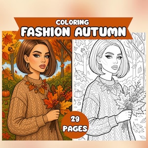 Fashion Autumn Girls Coloring Pages for Adults, Cozy Fall Portrait Coloring Book, Beautiful Women Aesthetic Art, Printable PDF Stress Relief