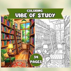 Vibe of Study Coloring Pages, Cozy Library Coloring Book, Aesthetic Study Room Art, Printable PDF, Dark Academia Scenes, Academic Coloring