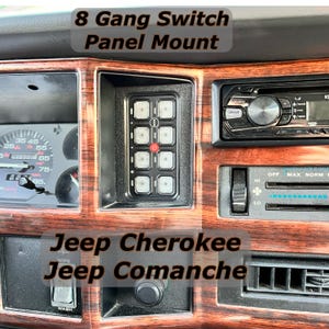 Montaż panelu przełączników Auxbeam i Roadshock 8-gniazdowych do Jeep Cherokee XJ i Jeep Comanche MJ. Lokalizacja panelu zamiennego w stylu OEM.