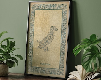 Pakistan Map | Green & Beige Floral Vintage Neutral Wall Art Print | Country Gift