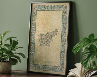 Slovenia Map | Green & Beige Floral Vintage Neutral Wall Art Print | Country Gift
