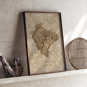 Devon Map |  Beige Floral Neutral Wall Art Print | United Kingdom | Country Gift | UK