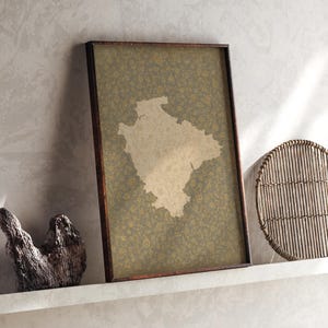May include: A rectangular framed wall art piece featuring a beige map silhouette centered on a dark olive green background with a repeating small yellow floral pattern. The frame is made of dark brown wood and is positioned on a white shelf.