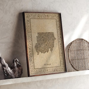 Sudan-Karte | Beige-floraler Vintage-Wanddruck | Geschenkidee für ein Landsohn