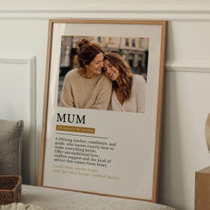 Peut inclure: Une affiche encadrée présentant une photographie de deux personnes souriantes qui s'enlacent. Sous la photo, le texte indique MUM, Also known as: My Everything, suivi d'une définition descriptive d'une mère, incluant des phrases comme lifelong teacher.