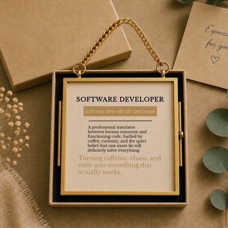 K&ouml;nnte beinhalten: Ein quadratischer goldfarbener Metallrahmen mit einer Aufh&auml;ngungskette, der eine bedruckte Karte mit der Definition eines Softwareentwicklers enth&auml;lt. Der Text lautet: SOFTWARE DEVELOPER, a professional translator between human nonsense.
