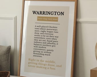 Warrington Definition Print, Cheshire Wall Art Poster, Rugby Town Typography, Neutral Minimalist Home Decor