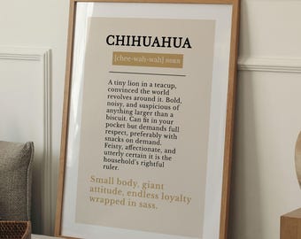 Chihuahua Definitie Print | Grappige Chihuahua Muurdecoratie | Cadeau voor Hondenliefhebbers | Beige Neutrale Typografie Decoratie