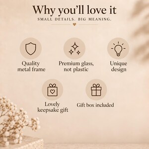 May include: An informational graphic with the text Why you'll love it and SMALL DETAILS. BIG MEANING. Five circular icons feature line drawings of a shield, sparkles, a lightbulb, and two gift boxes, with labels for quality metal frame, premium glass, and gift box.
