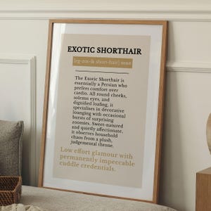 Peut inclure: Une affiche encadrée avec le texte "EXOTIC SHORTHAIR" et une description de la race de chat. Le texte décrit les caractéristiques et le mode de vie du chat. L'affiche a un fond beige et un cadre en bois.