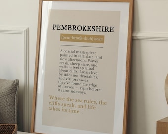 Pembrokeshire Definition Wall Art Print, Pembrokeshire Poster, Wales Coastal Typography Print, UK Minimalist Decor