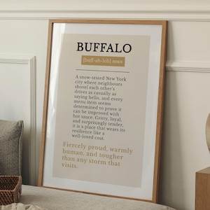 May include: A framed print featuring the word "BUFFALO" in black, with a definition below. The text describes the city's resilience and warmth. The print has a beige background and a wooden frame, ideal for interior decoration.