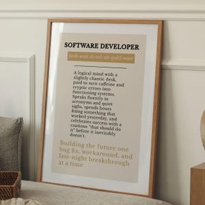May include: A framed print with the text "SOFTWARE DEVELOPER" and a definition. The definition describes a software developer's work habits and mindset. The frame is a light brown color.