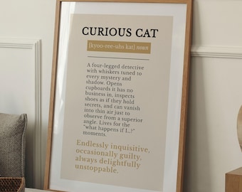 Curious Cat Definition Print, Minimalist Typography Wall Art, Funny Cat Lover Gift