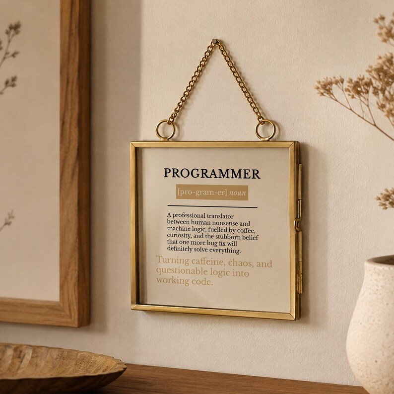May include: A square brass-toned metal frame hanging by a gold-coloured chain. The frame contains a white print with the black text "PROGRAMMER [pro-gram-er] noun. A professional translator between human nonsense and machine-logic, fuelled by coffee."