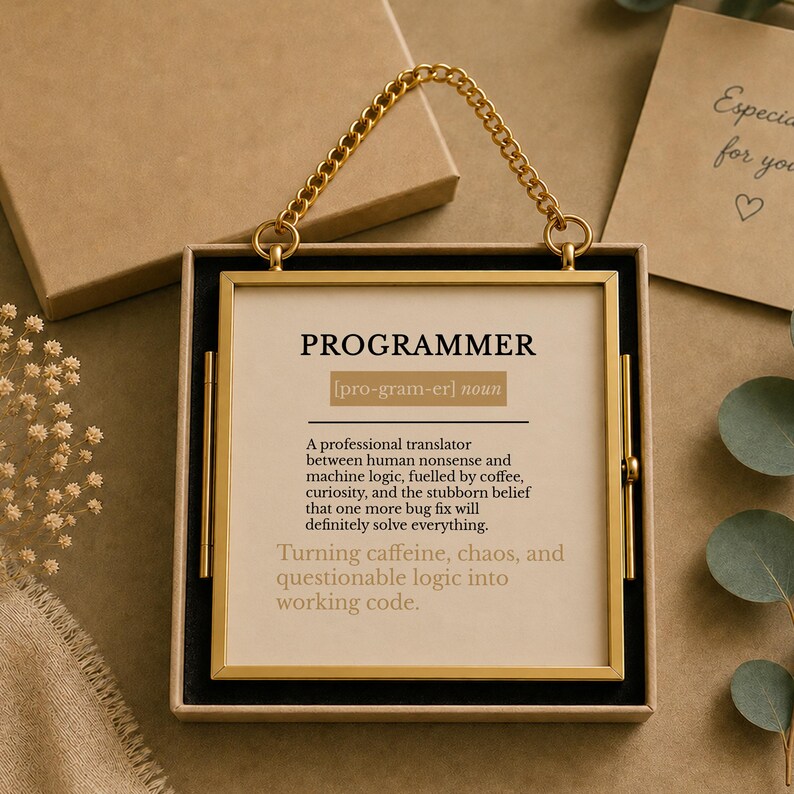 May include: A square gold-toned metal frame with a hanging chain containing a print that defines the word PROGRAMMER as a professional translator between human nonsense and machine logic, fuelled by coffee and the belief that one more bug fix works.