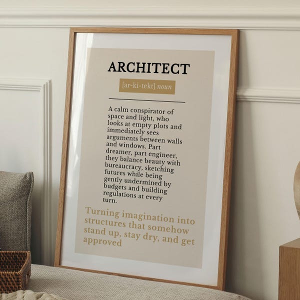 Lámina con la definición de arquitecto, póster para la pared de una oficina de arquitectura, tipografía divertida sobre la profesión, decoración minimalista neutra para el hogar.